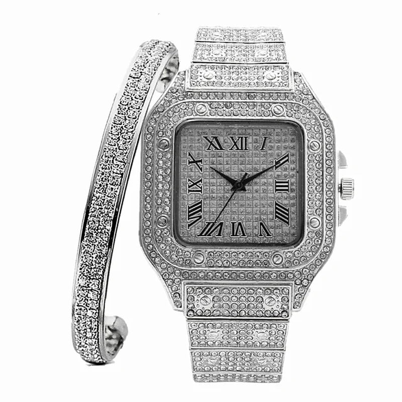 Iced Out Watch + Bangle for Women Bling Miami Bracelet Iced Out Watch for Women Luxury Gold Watch Set Women Relojes Para Mujer