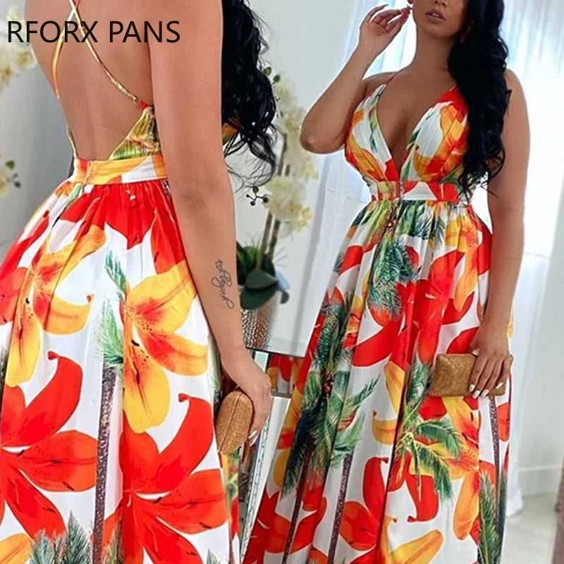 Floral Print Backless Maxi Dress Summer Dress Women Fashion Party Elegant Clothes