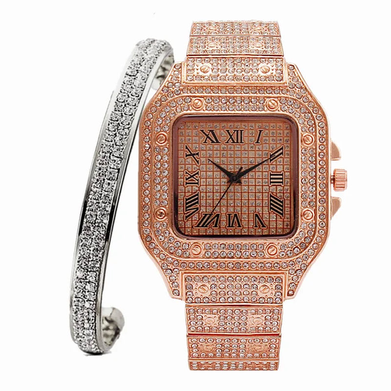 Iced Out Watch + Bangle for Women Bling Miami Bracelet Iced Out Watch for Women Luxury Gold Watch Set Women Relojes Para Mujer