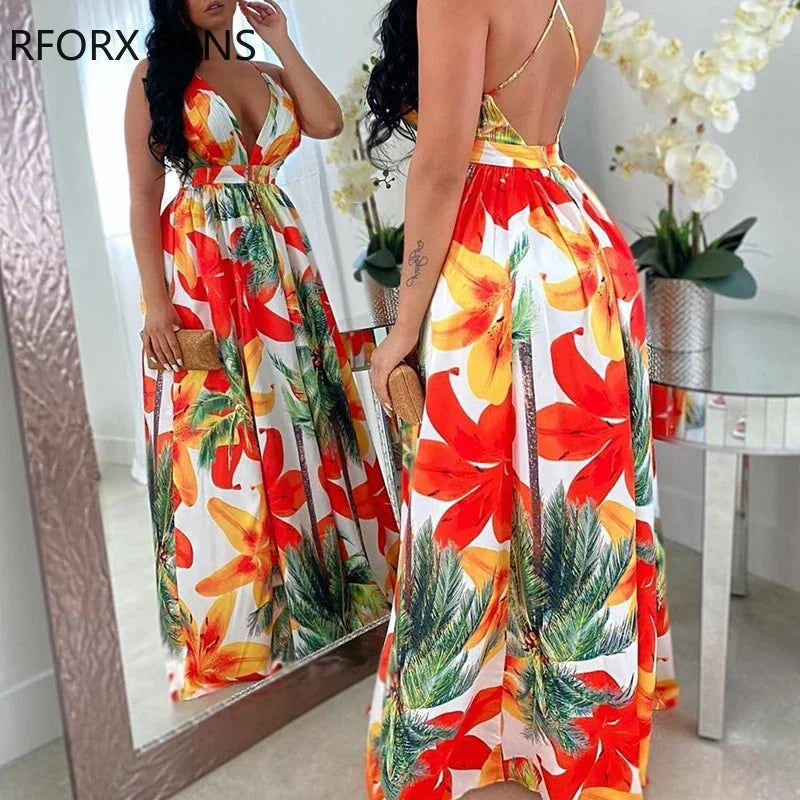 Floral Print Backless Maxi Dress Summer Dress Women Fashion Party Elegant Clothes