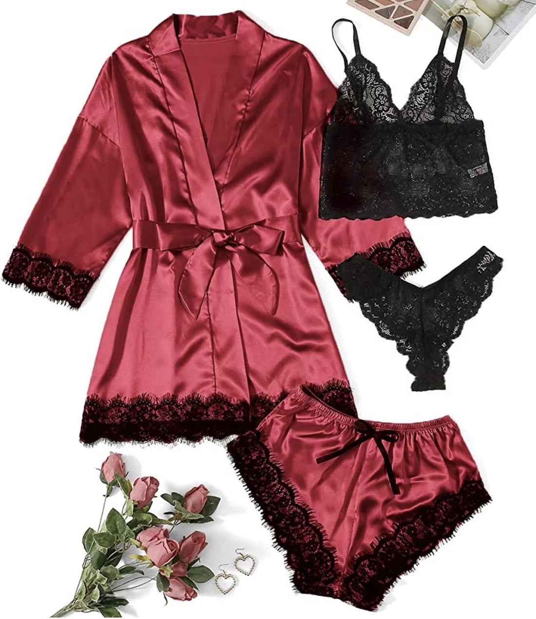 Sexy Lingerie,  Silk Satin Pajamas for Women, Womens Summer Pajamas Pjs Sets of 4 Pcs with Floral Lace Top Shorts and Robe, Gift for Women, Black, L